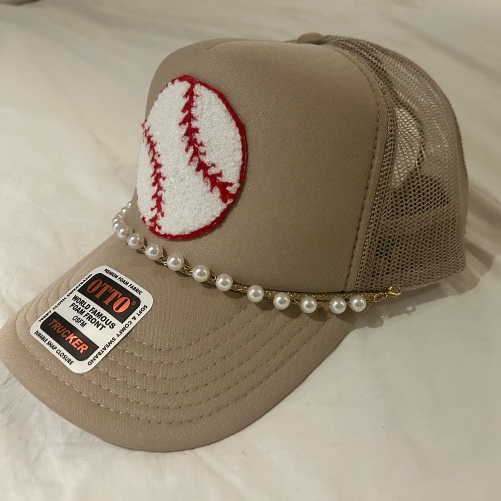OTTO Tan Trucker Hat with Baseball Embroidery and Pearl Accent